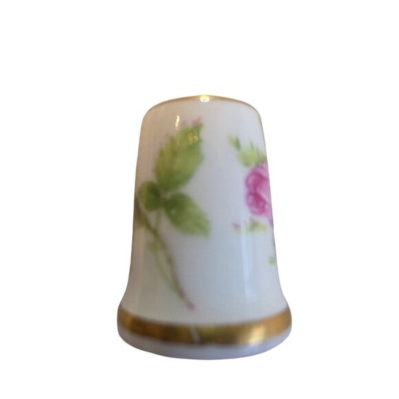 Vintage Sutherland England Porcelain Thimble With Pink Floral Design & Gold Rim - Picture 3 of 7